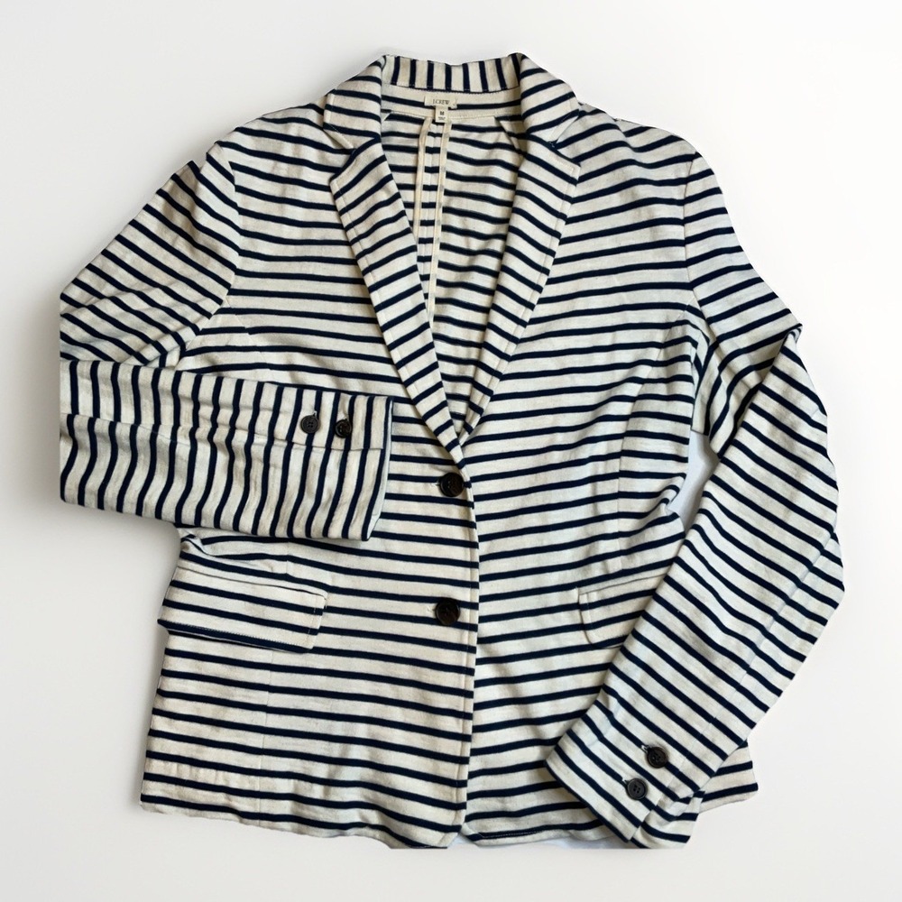 J Crew‎ Blazer Striped Ivory Navy Soft Knit Cotton Nautical Preppy
